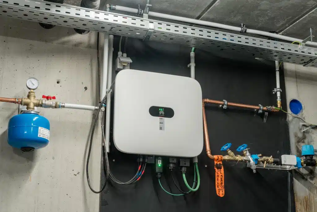 Moderne warmtepomp installatie met expansievat, koperen leidingen en regelapparatuur in technische ruimte